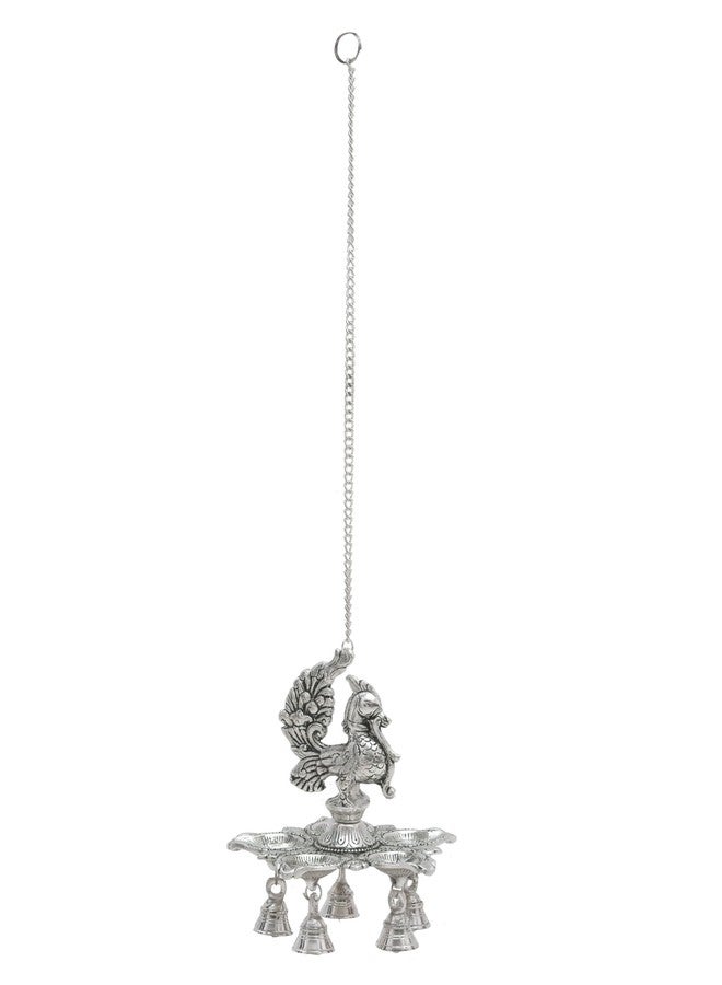 HOUZZPLUS Peacock Diya Lamp with Bells for Pooja Hanging Diya, Samai Hanging Oil Lamp, Panchmukhi Diya Peacock Design (Silver) - Image 5
